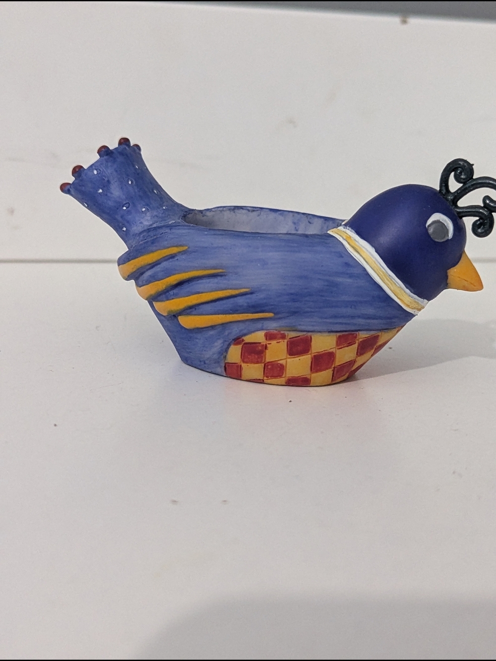 Whimsical Handpainted Decorative Blue Bird Tealight Holder Checkerboard Detail - Picture 6 of 11